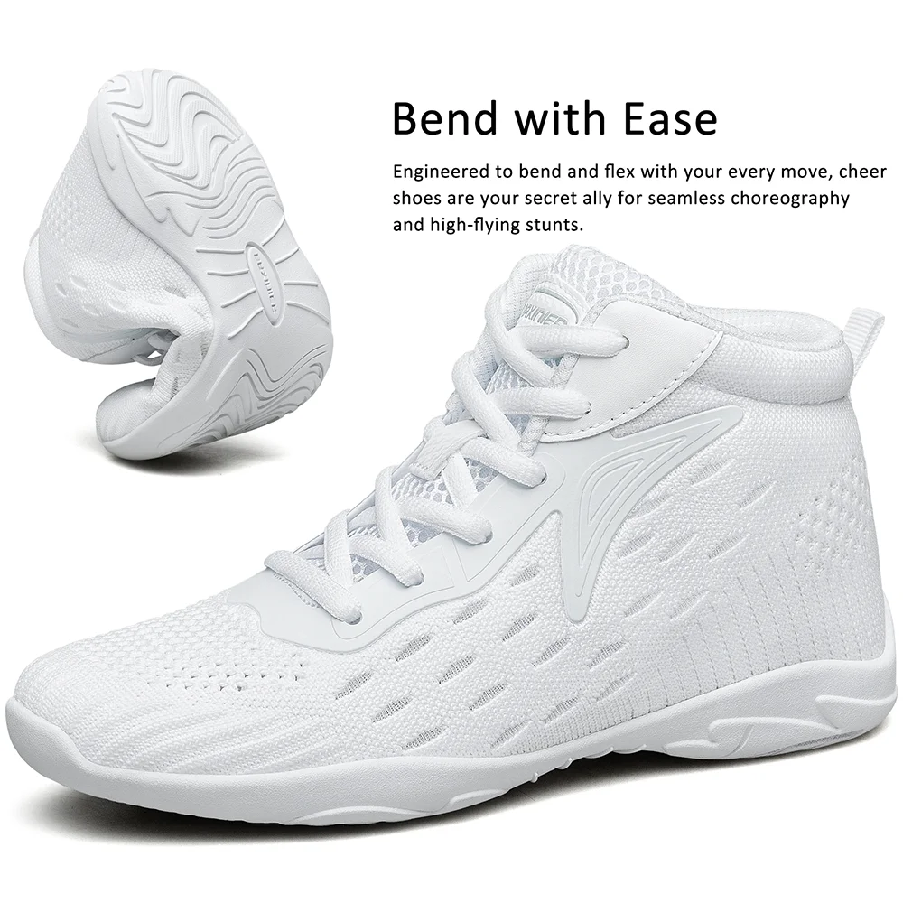 BAXINIER White High Top Cheerleading Shoes Girls Kids Flexible Breathable Knit Cheer Shoes Lightweight Non Slip High Cut Stunt Dance Practice Footwear Soft Gymnastics Tumbling Athletic Movement Sneakers