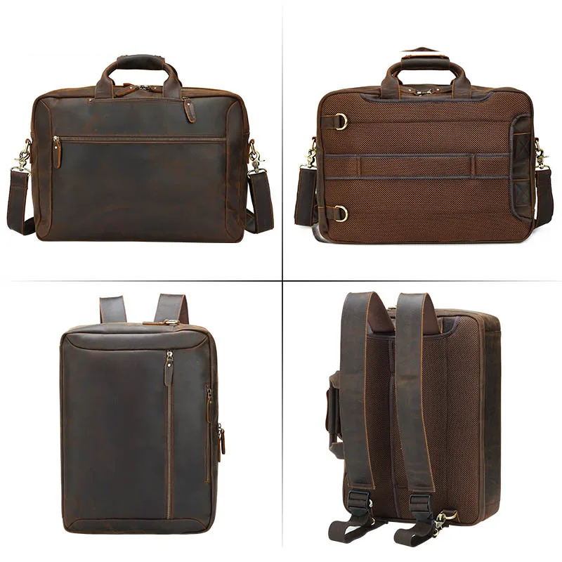 3 Use Men Business Briefcase Vintage Genuine Leather Man 15.6" Laptop Backpack Multifunctional Cowhide Shoulder Bag Male Handbag