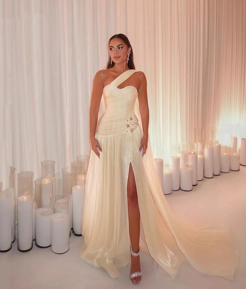 

MCDV Customized Fashion Chiffon A-Line Crystal One Shoulder Evening Dress Delicate Sweetheart Sleeveless Bespoke Occasion Gowns