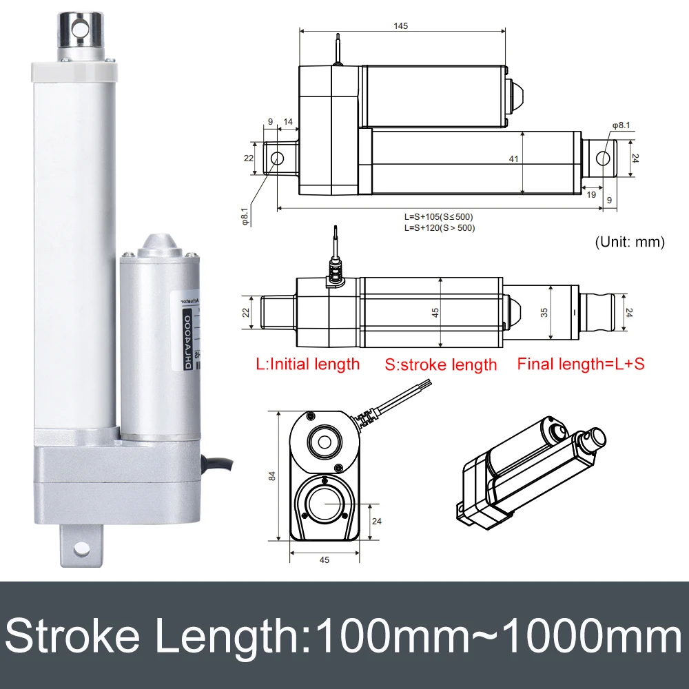 DC12V linear actuator 100MM~1000MM stroke 80kg/130kg/200kg/400kg load 5mm/s~20mm/s 75W electric lifting motor for RV/Solar/Car