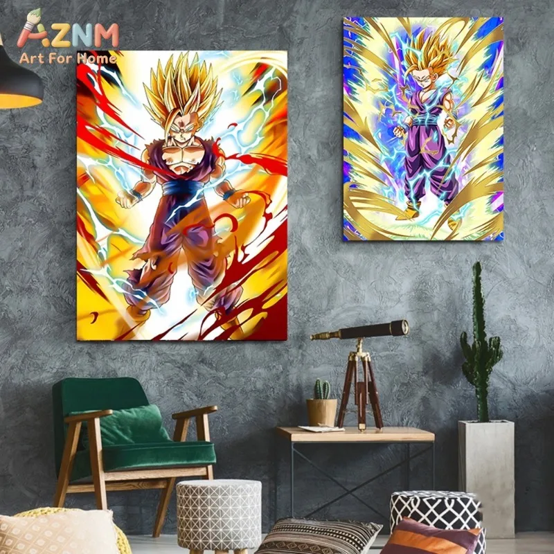 AZNM Dragon Ball Z Canvas Wall Art, Super Saiyan 2 Gohan Anime Poster, Frameless Canvas Print, Japanese Dragon Ball Home Decor f
