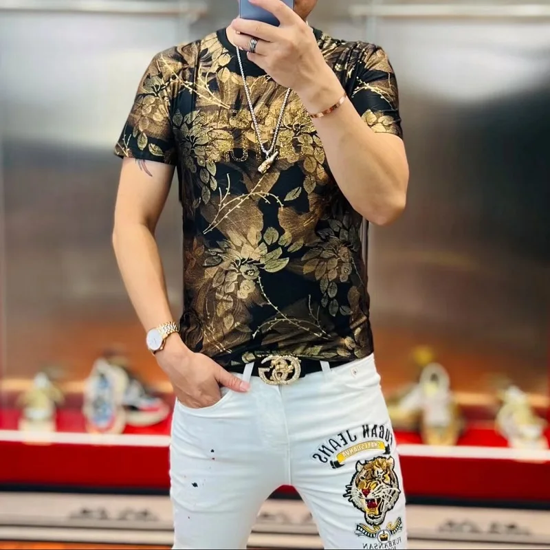 Summer Men\'s Gilded Jacquard T-shirt Fashion Short Sleeve Slim Fit Casual T-shirt Round Neck Business Social Streetwear Tee Tops