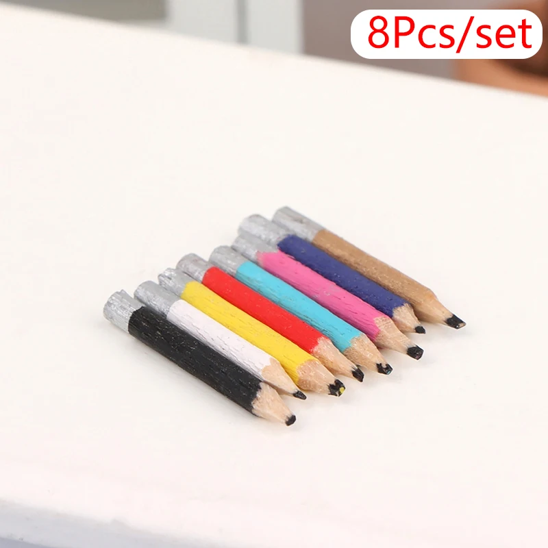 8Pcs 1:6 Dollhouse Miniature Pen Mini Colored Pencil Model School Supply For Doll House Decor Accessories Kids Pretend Play Toys