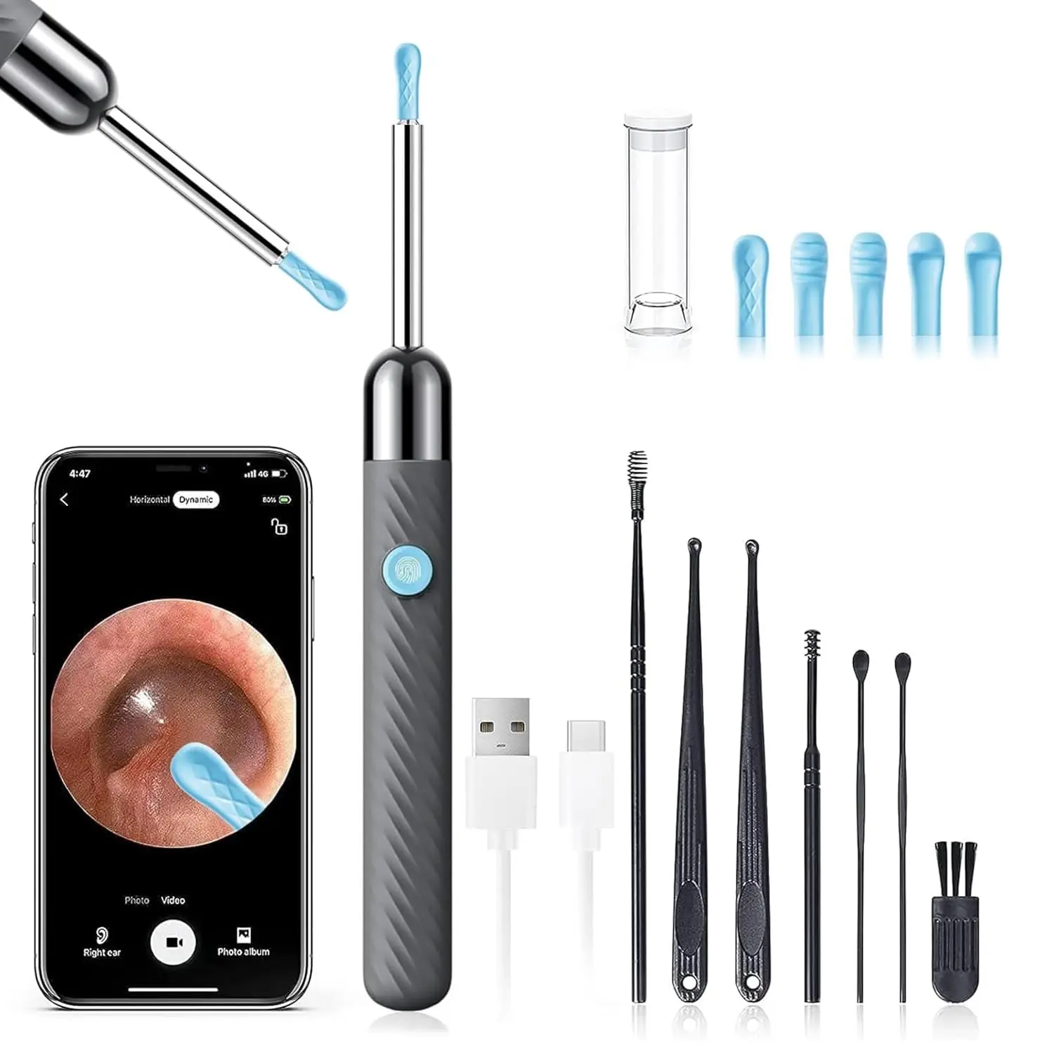 

Ear Wax Removal Tool with 1080P Camera & 8-Piece Set - Ear Cleaner Kit for iOS Android, Grey