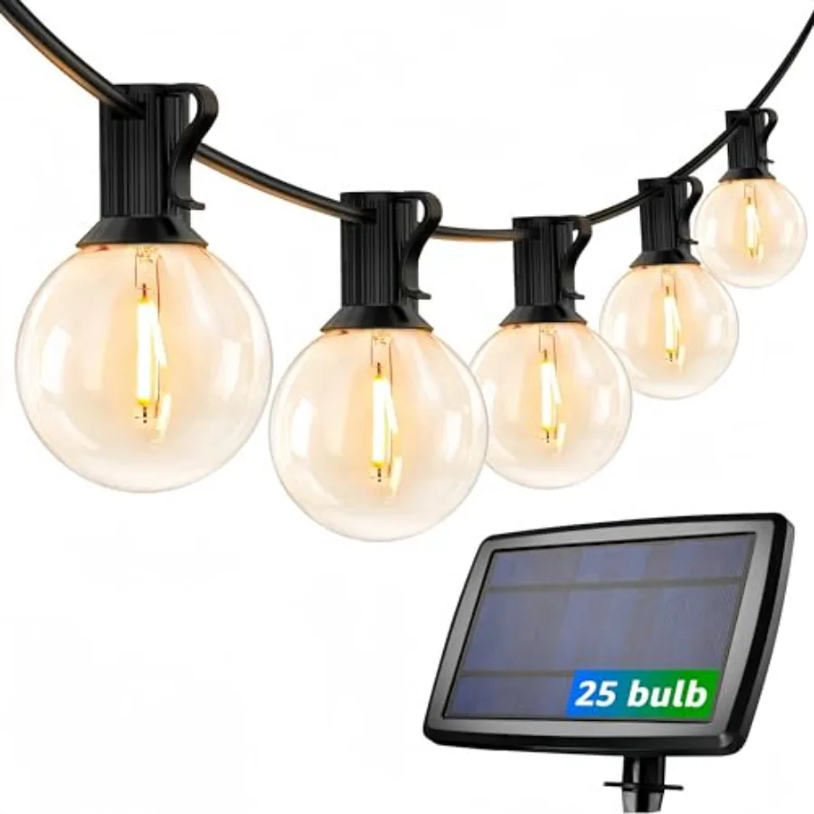 

Solar Outdoor String Lights Patio Bistro Lights, 25ft 26 LED G40 Bulbs, USB Rechargeable Portable Edison Café String Lights for