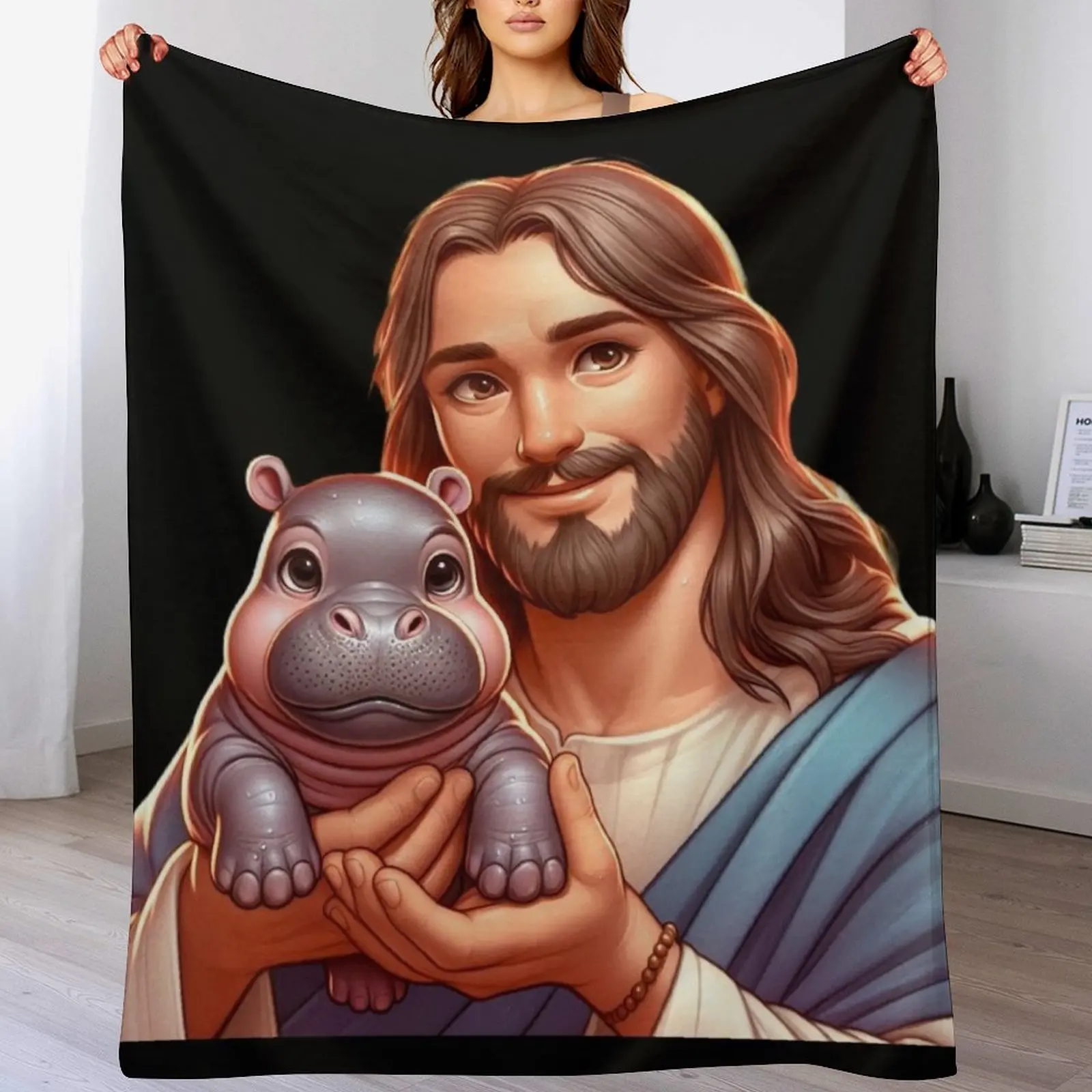 

Jesus Carrying Moo Deng Throw Blanket Flannel Blankets For Sofas For Decorative Sofa Shaggy Blankets