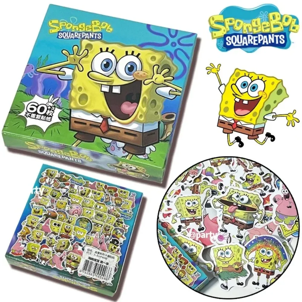 60 autocollants Bob l'éponge, boîte cadeau, décoration pour ordinateur portable, guitare, autocollants Patrick Star, autocollants d'anniversaire pour garçons et filles
