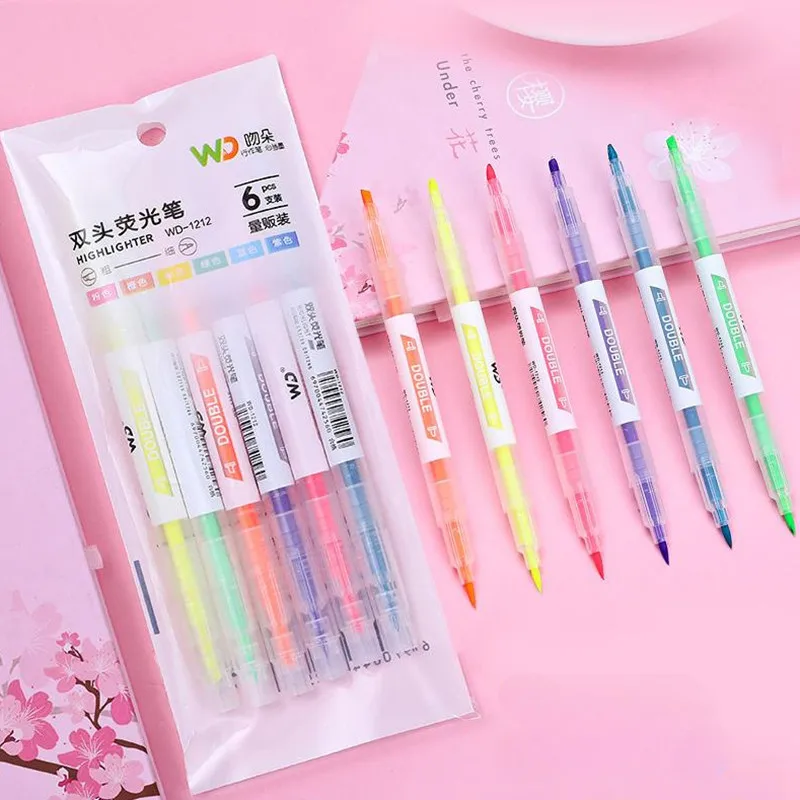 

6PCS Cute Candy Color Highlighter Pen Stationery Double Headed Fluorescent Art Marker Pen Mark Pen Office School Supplies