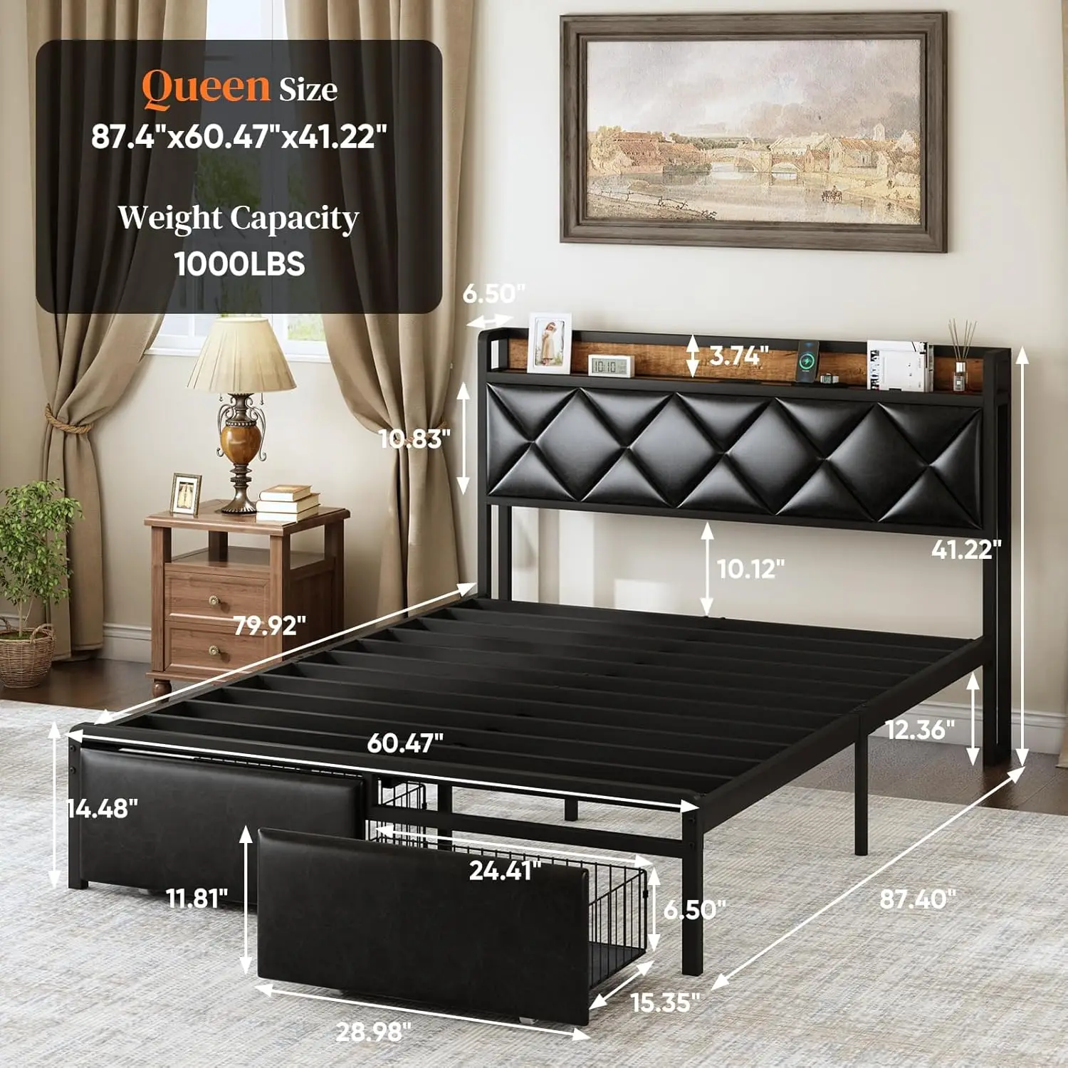 Queen Size Bed Frame with Storage Headboard and Drawers, Black Upholstered Leather Bed with 2 Socket Charging Station