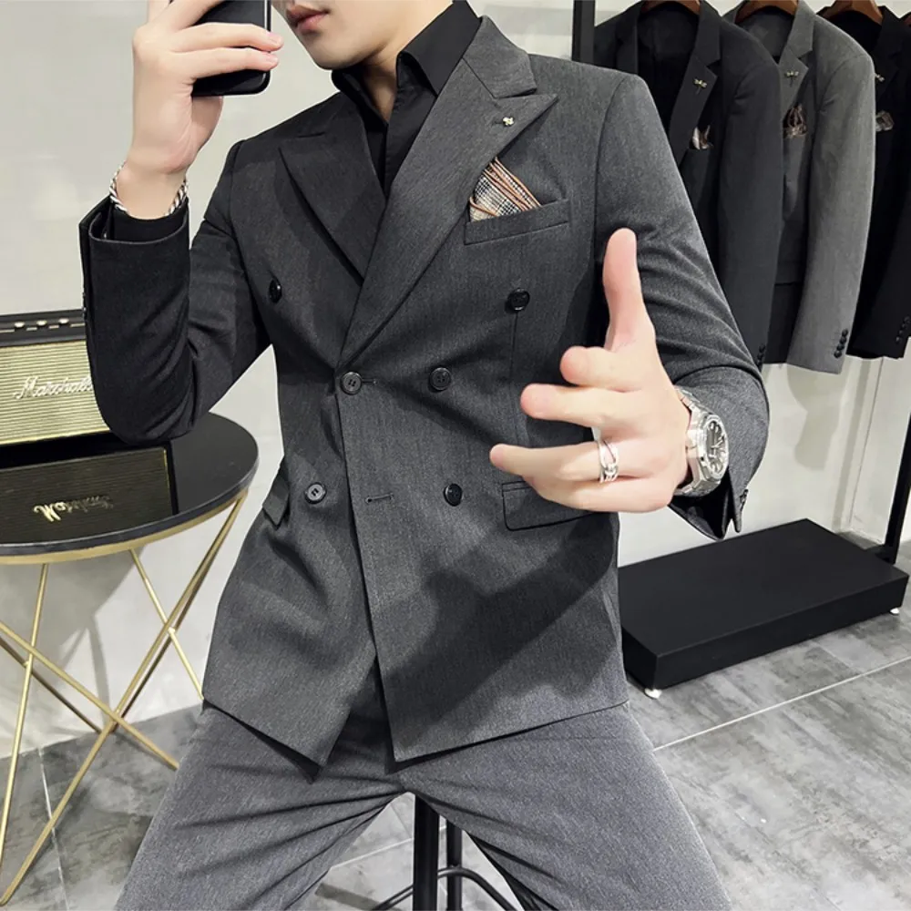 6 Buttons Men Suits Double Breasted Slim Fit Jacket Blazer Only Business Formal Costume Homme Black Striped Latest DesignFashion