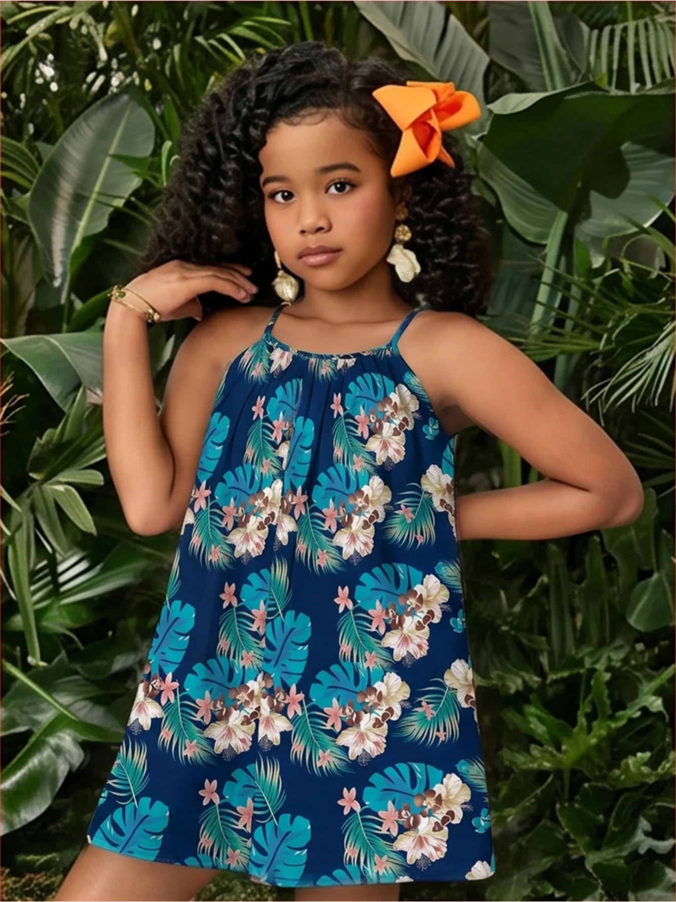 Children's Casual Comfortable Sleeveless Jumpsuit with Suspender Square Collar Flower Leaf Print Shorts for Kids