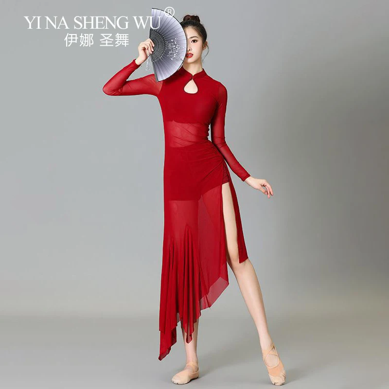 Classical Dance Clothing Mesh Long Sleeved Irregular Hem High Slit Latin Dance Costume Dance Practice Chinese Folk Dance Dress