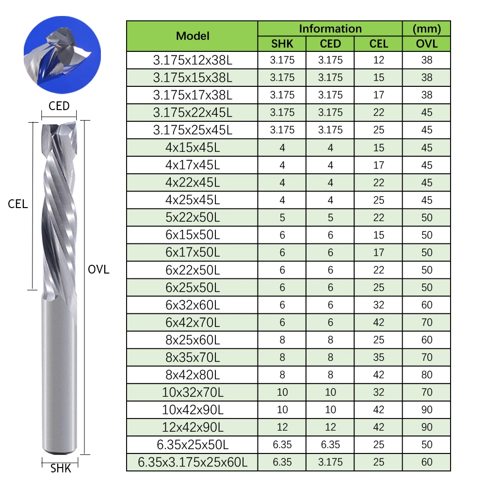 2Pcs SHK 3.175/4/5/6/8/10/12 UP &DOWN Cut Two Flutes Spiral Carbide Mill Tool Cutters for CNC Router, Wood End Mill Cutter Bits