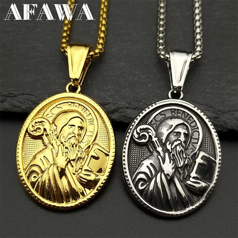 Saint Benedict Medal Pendant Necklace for Women Men Stainless Steel Gold Color Catholic Amulet Necklaces Jewelry San Benito