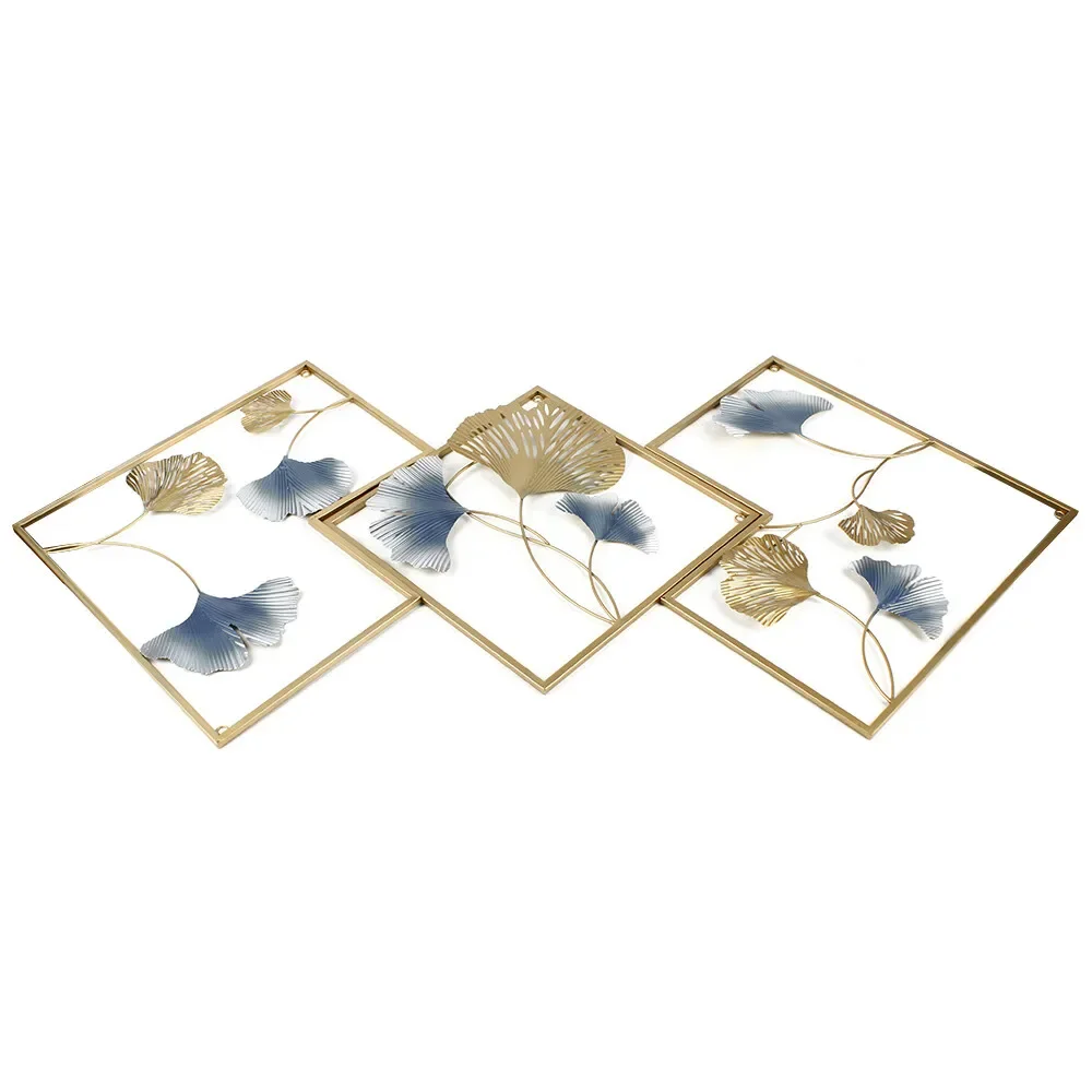 3Pcs 164 x 70.5 cm Metal Wall Art Hanging Sculpture Decor 3D Ginkgo Gold & Blue