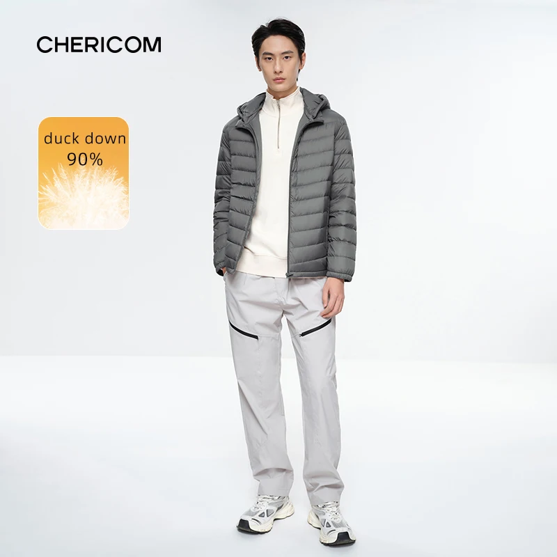 Chericom Autumn Men's Stand Up Collar Removable Hat Down Jacket Casual Light Overcoat Short Pocket Fashion Padded Coats 299505