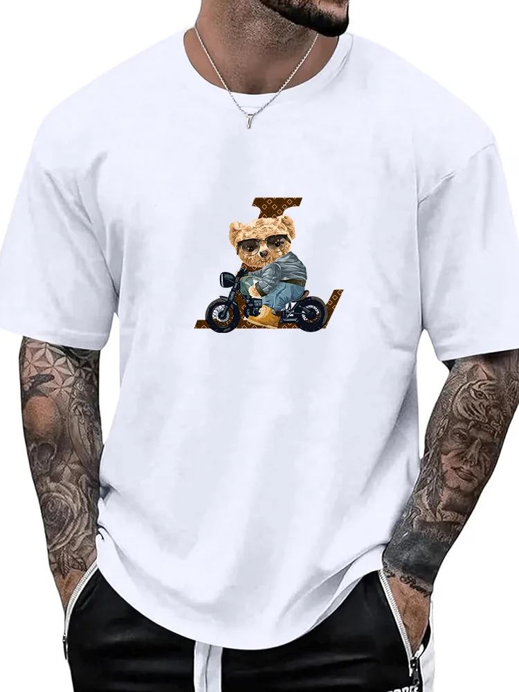 

Luxury For Men's Summer Casual Loose Size 100 Cotton Fashion Letter Bear Print Round Neck Short Sleeve Oversized Men T-shirt Top