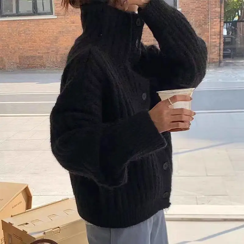 Zimowy golf, luźny kardigan damski, sweter w prążki, gruby, dzianinowy, proste kurtki, jednolite, codzienne, z długim rękawem, odzież biurowa.