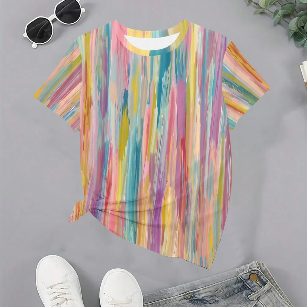

Women's Multicolor Abstract Print Neck T-Shirt - Summer Casual Fashion Fit Round Short Sleeve