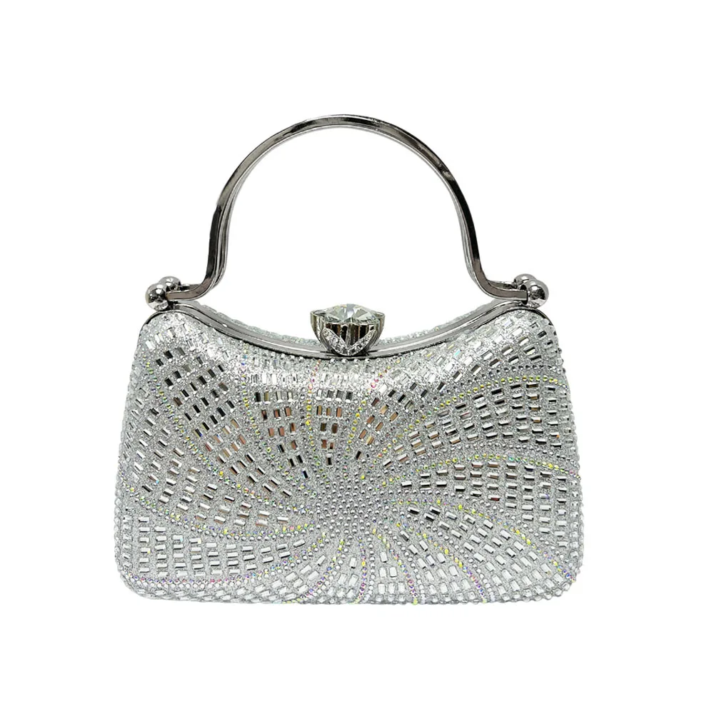 Silver Radiant Hollow Full Rhinestone Metal Ring Handle Clutch Luxury Sparkling Evening Purse For Mature Women Wedding Handbag