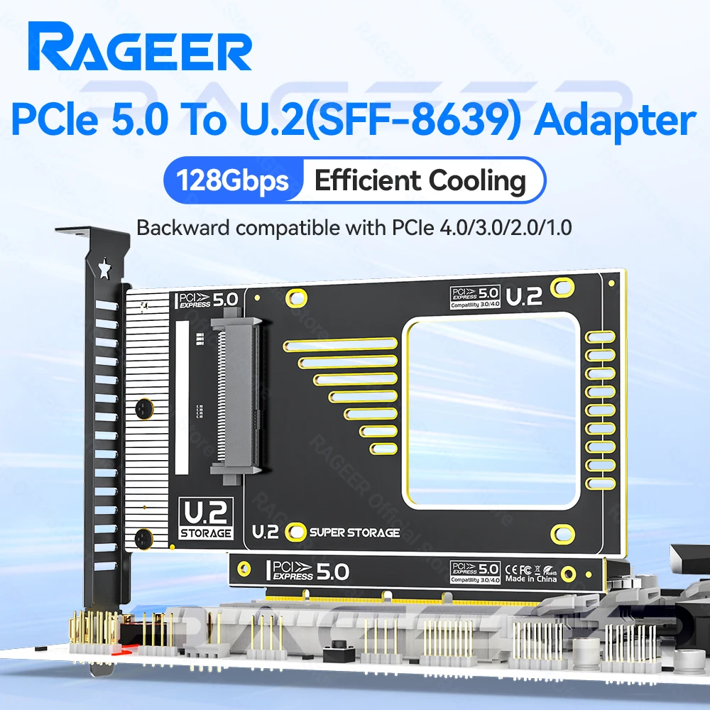 RAGEER PCIe 5.0 to U.2 (SFF-8639) Adapter U.2 SSD to PCIE X4/X8/X16 Expansion Card 128Gbps Compatible with PCIe 4.0/3.0/2.0/1.0
