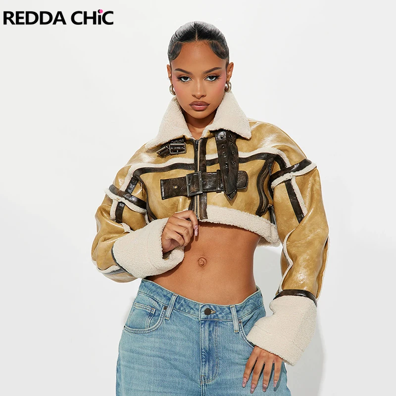 

REDDACHiC Women's Extra-crop Leather Jacket Retro Patchwork Belt Zip Up Lapel Long Sleeve Trench Coat Biker Moto Punk Outerwear
