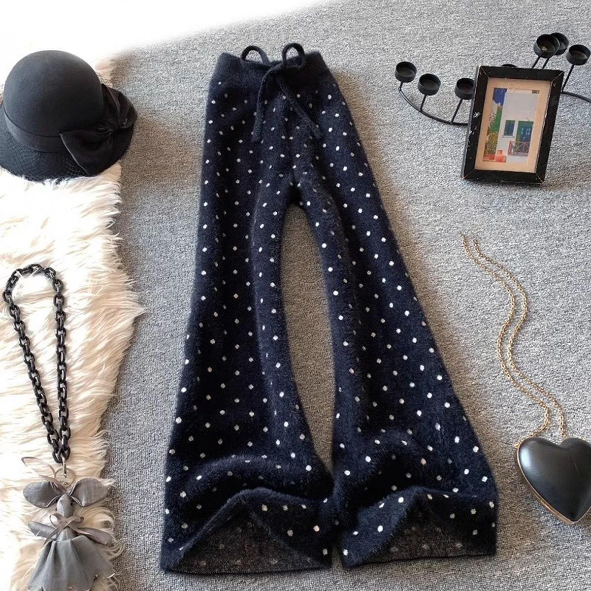 

Autumn Winter Women's Polka Dot Flared Pants - Fuzzy Knitted High Waist Tie Casual Trousers, Vintage Sweet Edgy Style Warm Pants