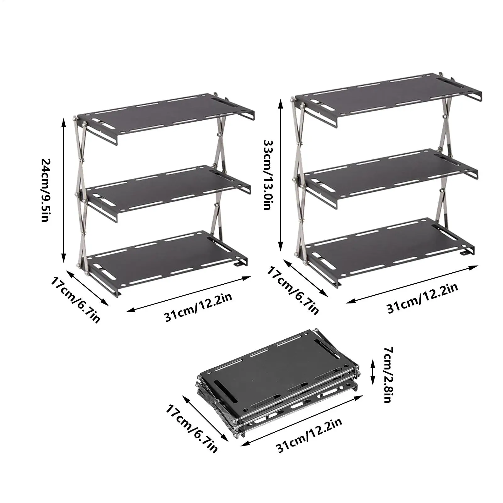 Rak Camping Stainless Steel 3-Tingkat Meja Pajangan Rak Penyimpanan 3-Tingkat Untuk Dapur Camping Piknik Memancing Halaman Belakang