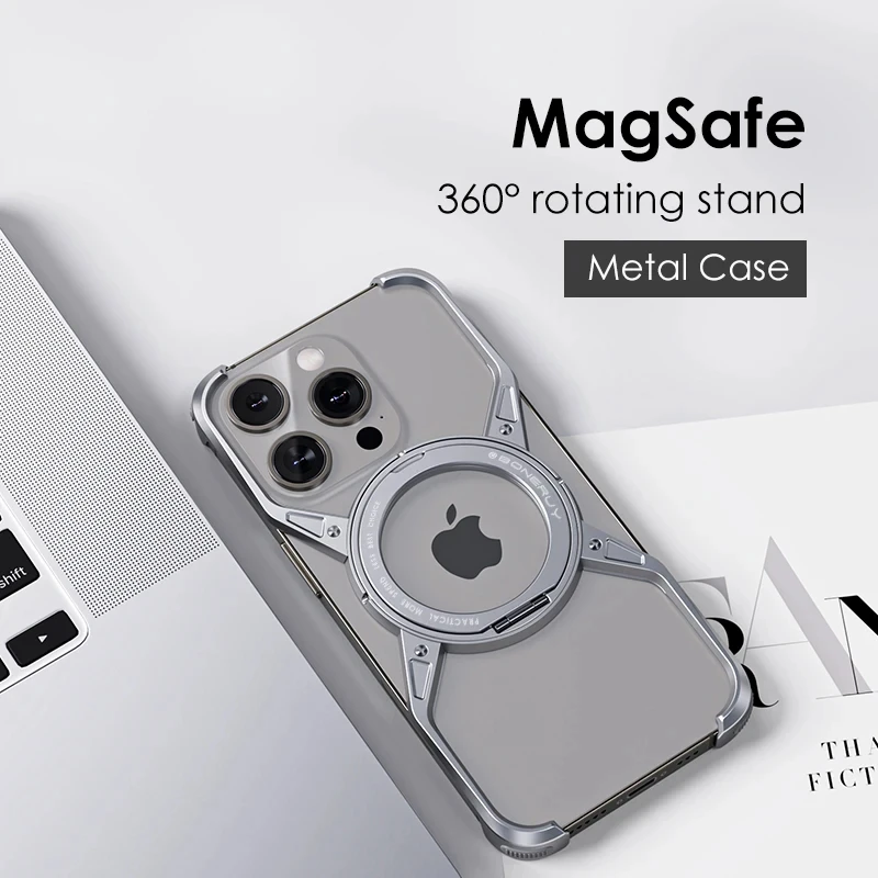 

Metal Aluminum Alloy Rotation Stand Rimless Phone Case For iPhone 16 15 14 13 Pro Max Magnetic MagSafe Shockproof Bumper Cover