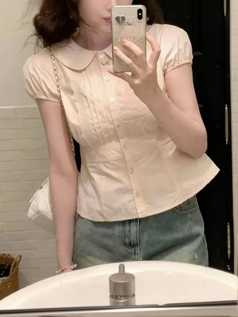 

Cute Babydoll Top Women Pink Summer Blouse Casual Short Sleeve Shirt Vintage Lace Designer Button up Shirt Basic