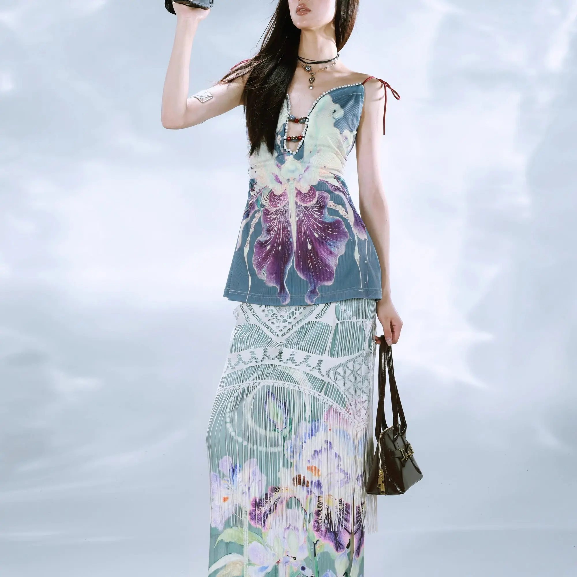 Saia maxi com estampa botânica, bainha com franjas, duas camadas, estética folclórica floral, y2k, verão, boho, vintage, midi