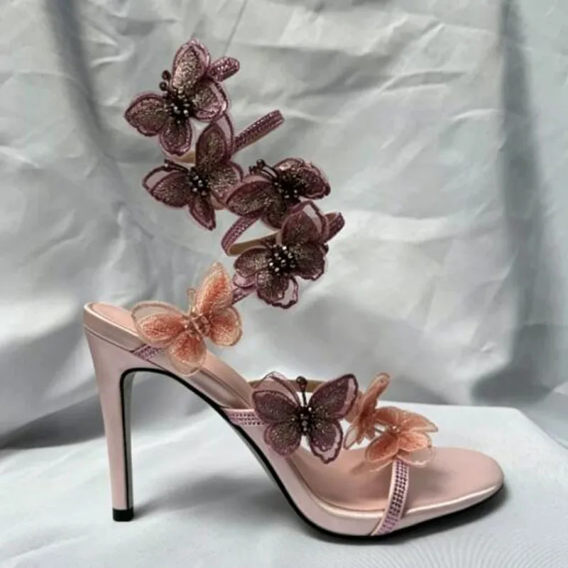 Women Pink Satin 3D Embroidery Butterfly Cross Strap Ankle Wrap Stiletto Sandals Crystal Strap Formal Party High Heels Shoes