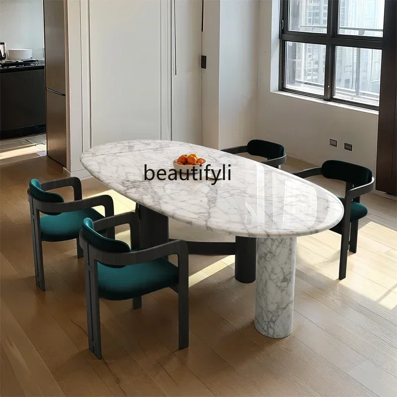32Natural luxury stone dining table Light luxury designer Solid wood medium white marble dining table Oval