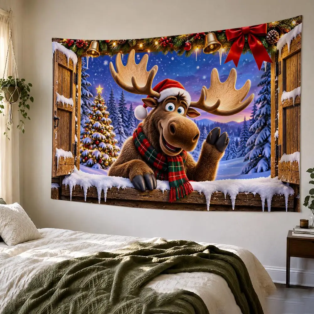 Christmas Moose Laughing Window Tapestry Bedroom Living Room Bar Party House Home Dorm Interior Wall Decor Background Banner