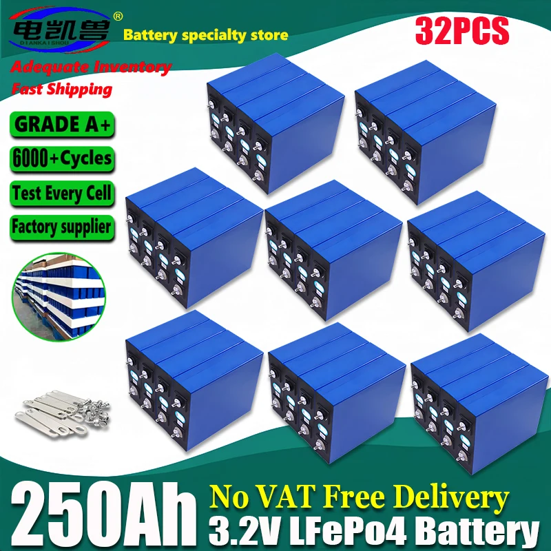 32pcs new 3.2V 250AH LiFePo4 Battery DIY 96V RV large capacity solar energy storage cycle life rechargeable battery Duty-free