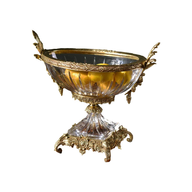 

European and American crystal with brass oversized fruit tray pattern non-fading high-end hotel decoration