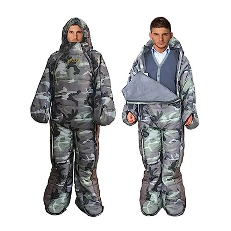 

72" Large Wearable Human Sleeping Bag Zipped Foot Opening Design Free Size Ultralight Hoodie Quilted Warm Thermal Coat for Adul