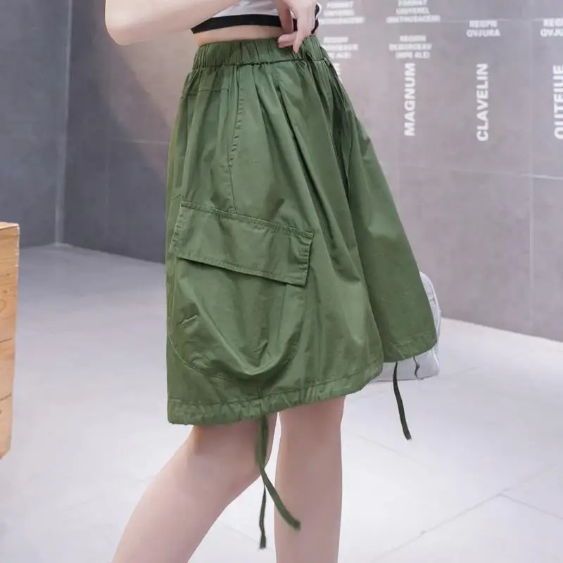 Women Summer Thin Simplicity Loose Pocket Solid Color High Waist Cargo Women Clothes Casual All-match Appear Thin Quarter Shorts