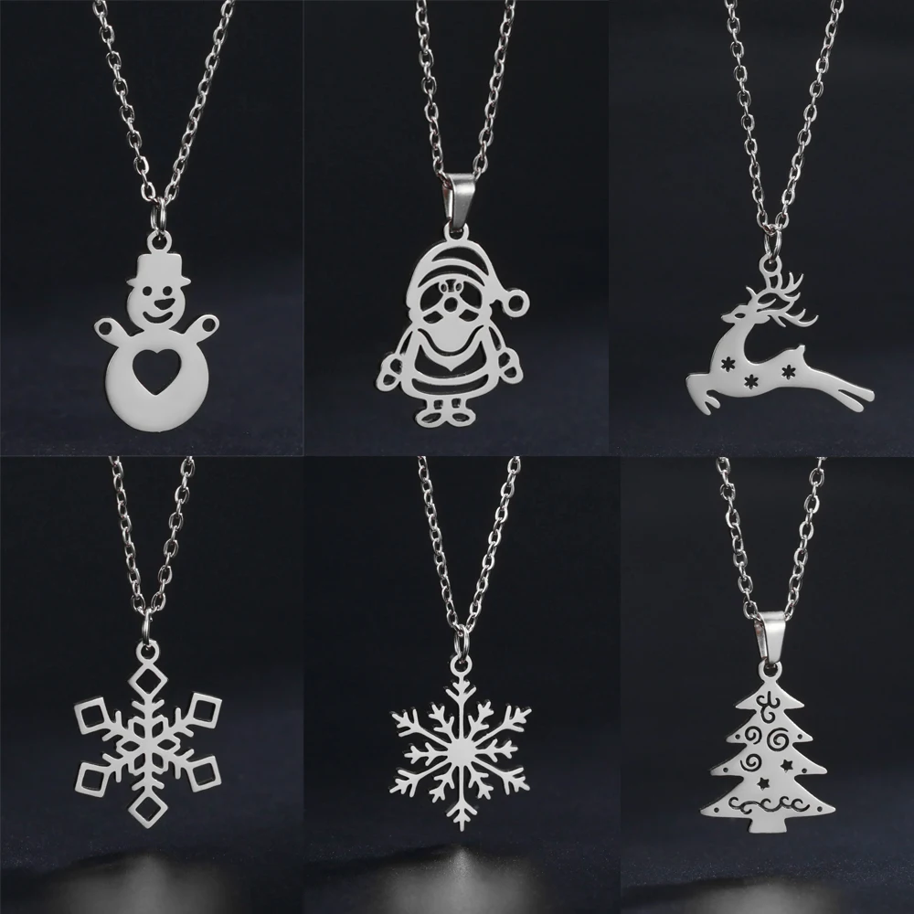 Cazador Stainless Steel Christmas Pendant Necklace for Women Santa Claus Snowman Tree Elk Snowflake Jewelry Family Gift 2024