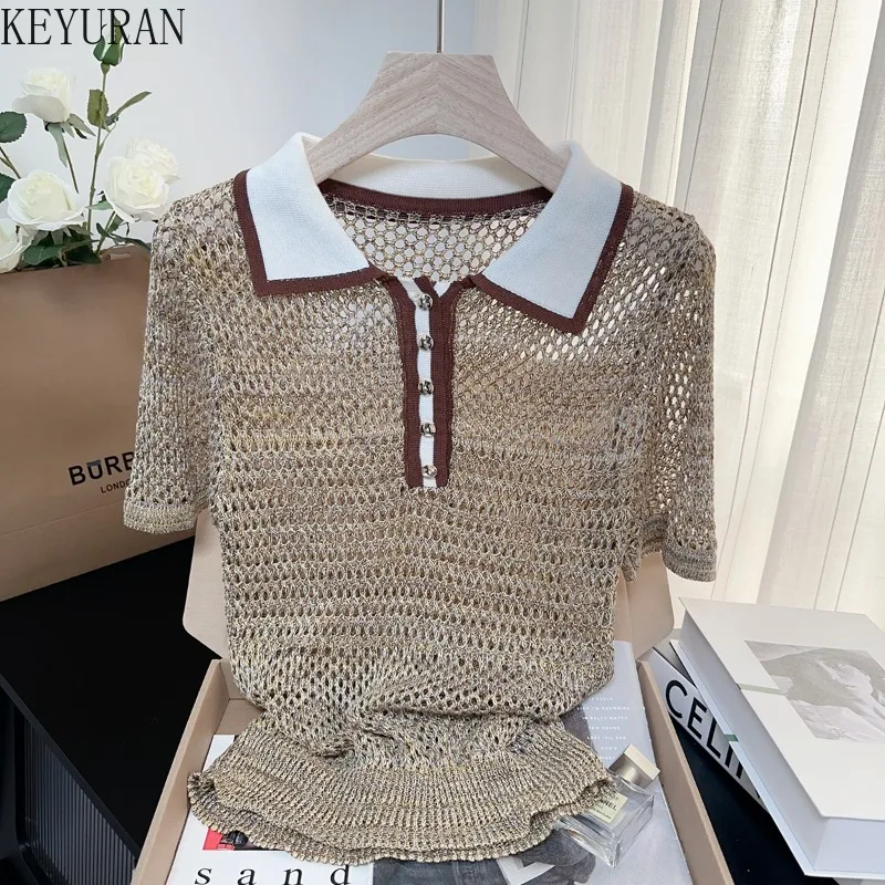 

Korean Fashion POLO Collar Contrasting Color Knit T-shirt for Women 2025 Summer New Short Sleeved Pullover Knitwear Tops Tees