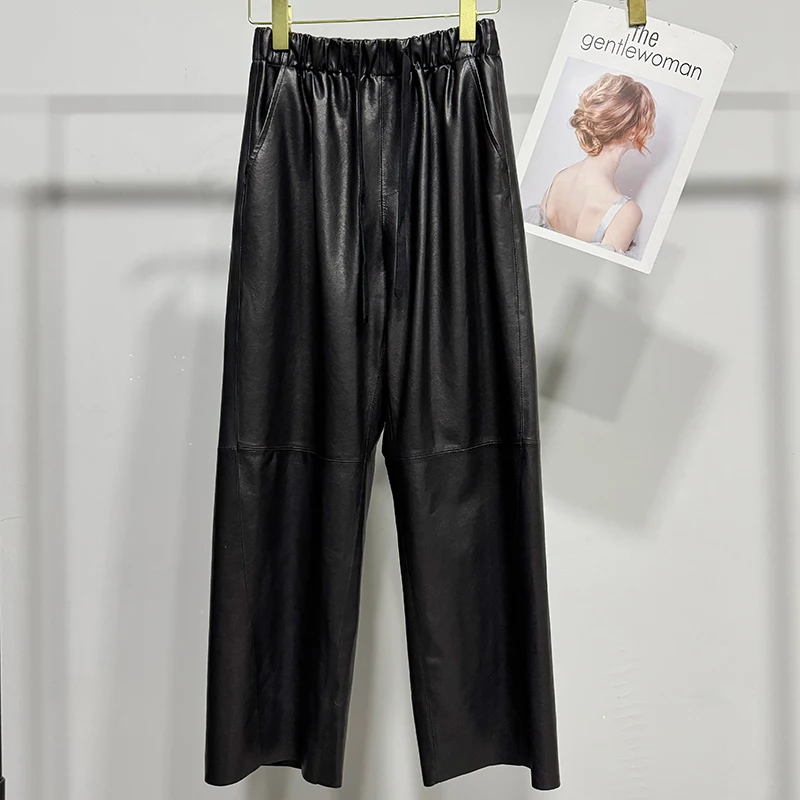 Autumn New Genuine Sheepskin Leather Pants Thin and Soft Casual Versatile Black/Coffee Straight Leg Long Trousers Cropped Pants