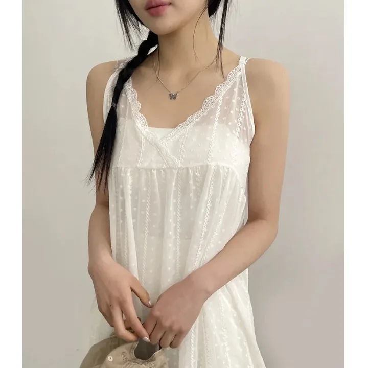 2026 Summer New Design V-Neck Lace Mesh Tank Dress Gentle Style Layering Cover-Up Women's Loose Fit Polyester Pure Color
