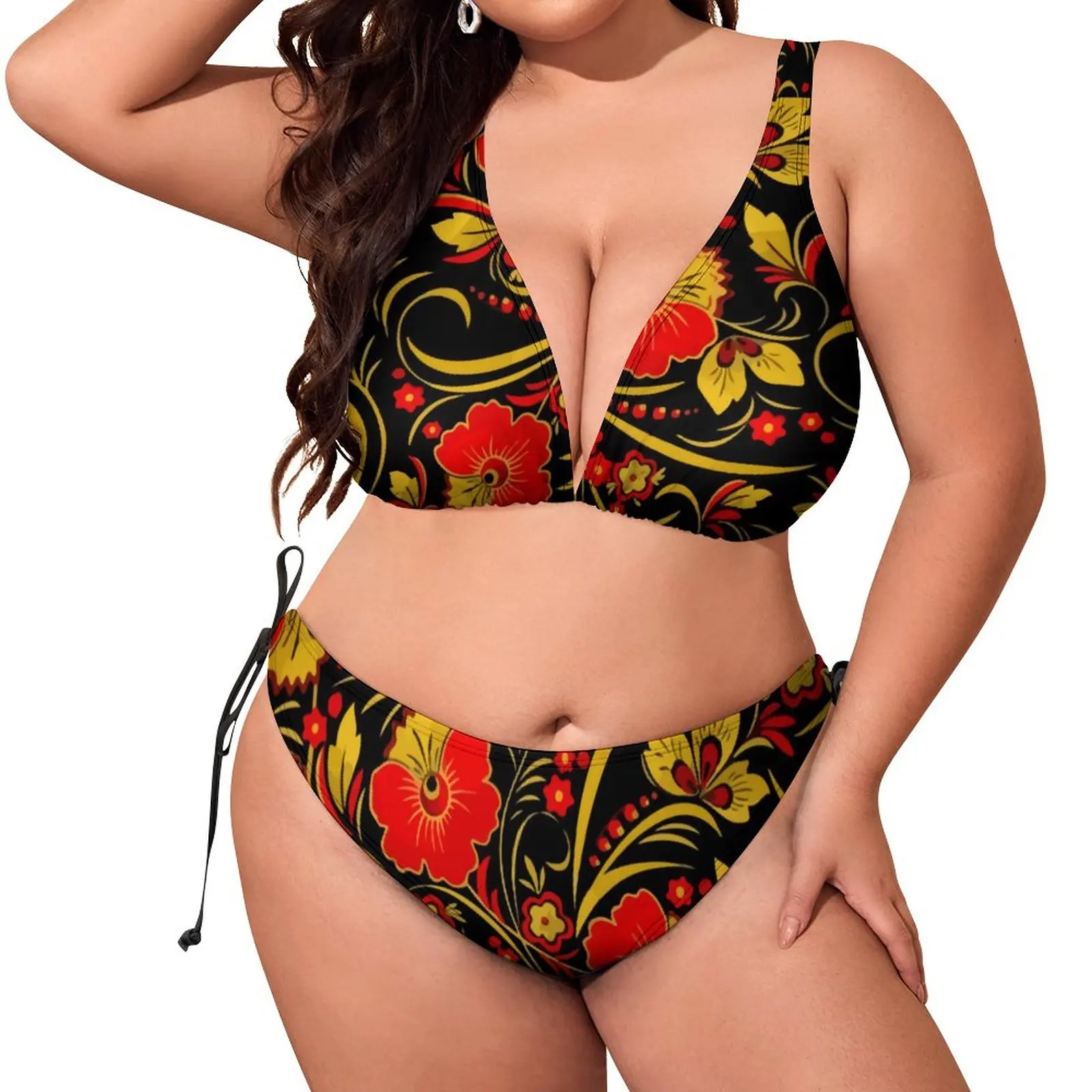 Rote Blume Bikini Set Sexy Retro Floral Print Bikini Badeanzug Fitness Bondage Bademode Stilvolle Badeanzüge Bademode Plus Größe 3XL