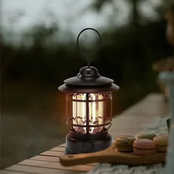 Retro Portable Camping Lantern Type-C Outdoor Kerosene Vintage Camp Lamp 2 Lighting Modes Tent Light for Hiking Climbing Yard