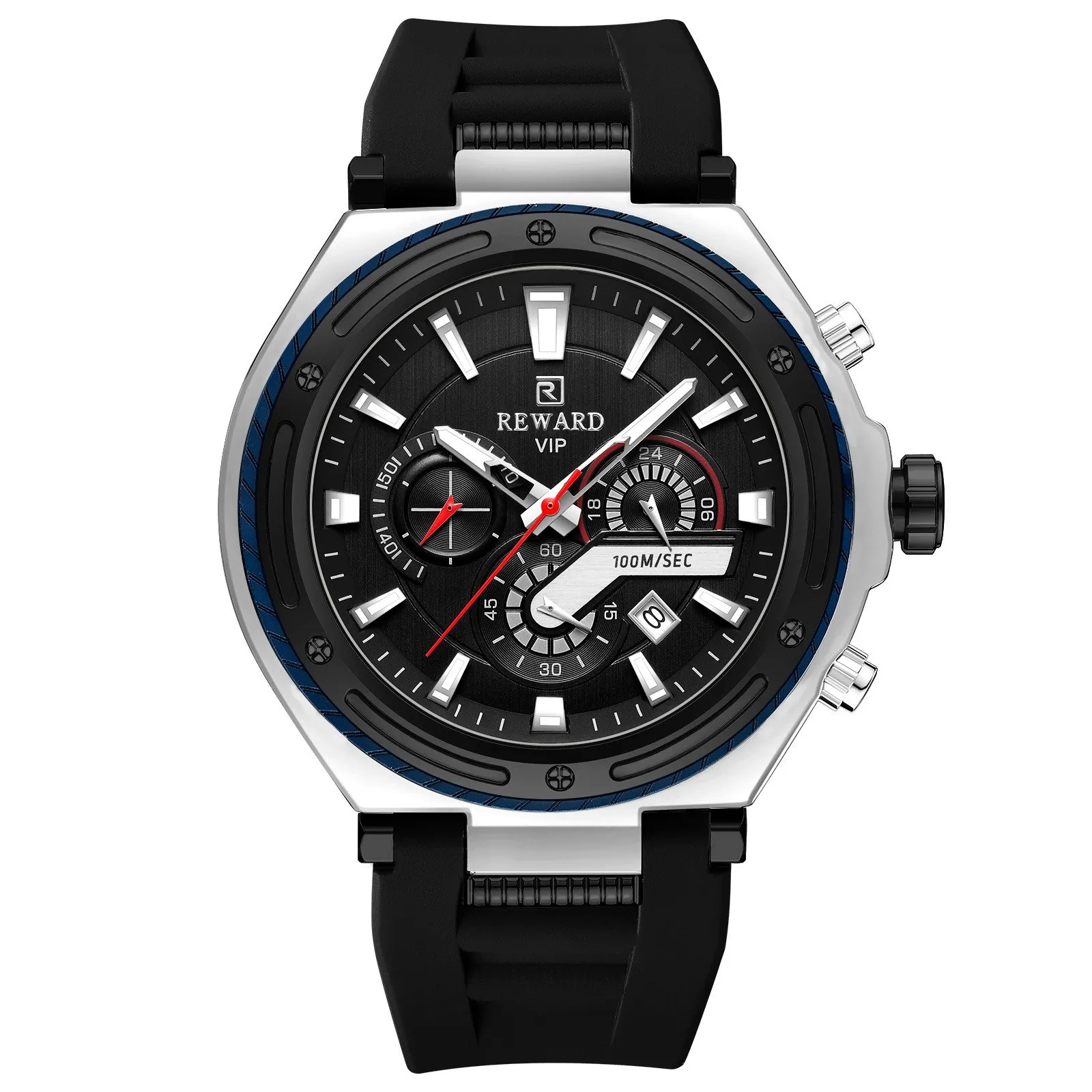 Men's Multifunctional Sport Quartz Watch with Silicone Strap Three Eyes Six Hands Timer Waterproof Watch