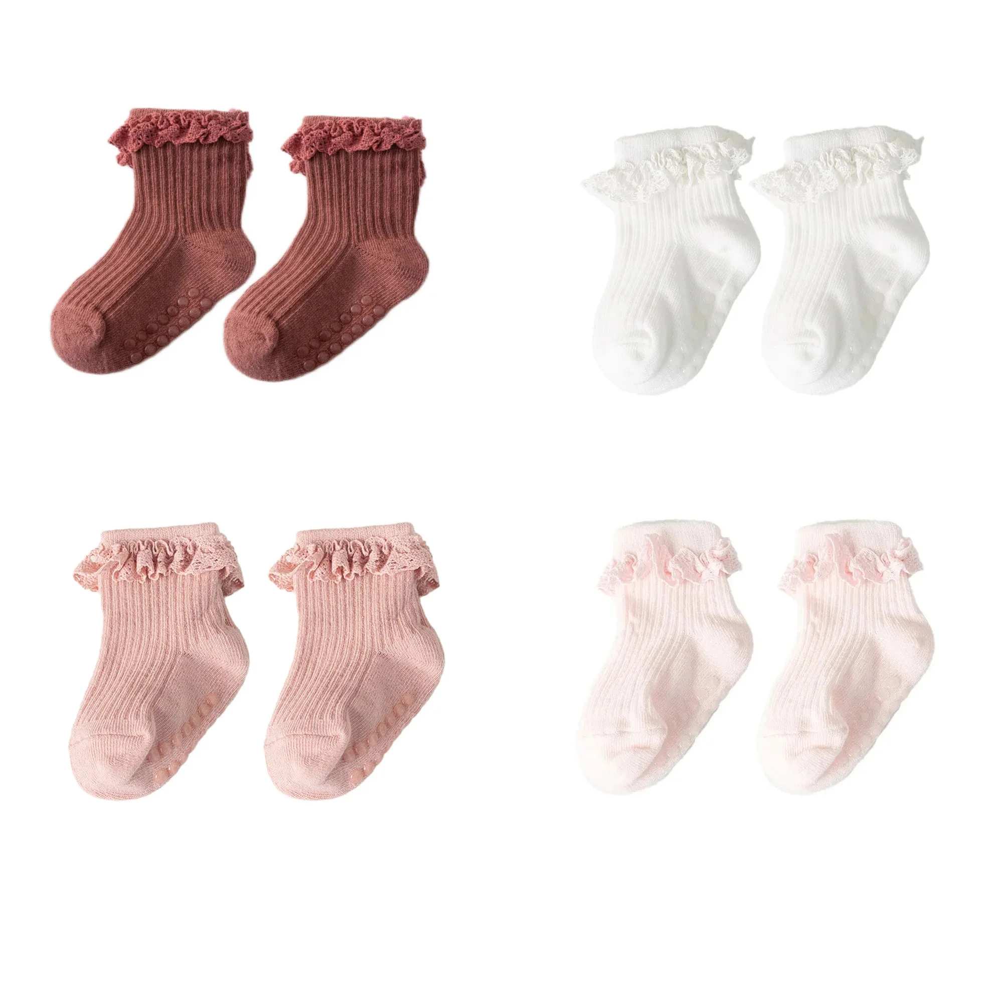 4pairs/lot Lace Ruffle Princess Baby Socks Soft Cotton Breathable Infant Girl Short Sock Rubber Bottom Anti-slip Kids Floor Sock