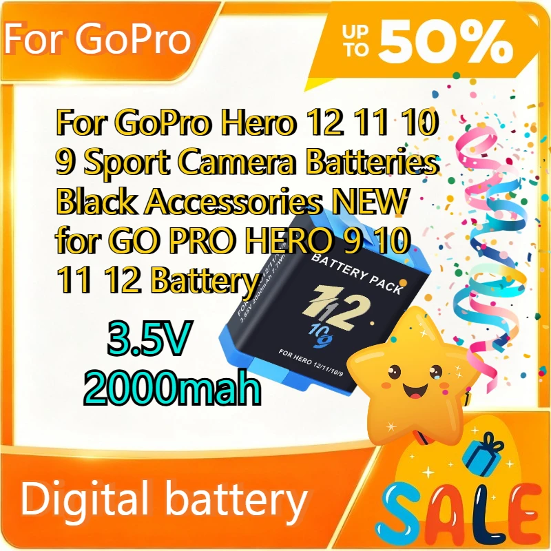 For Go Pro Hero 12 11 10 9 Sport Camera Batteries Black Accessories NEW for GO PRO HERO 9 10 11 12 Battery 3.5V 2000mah