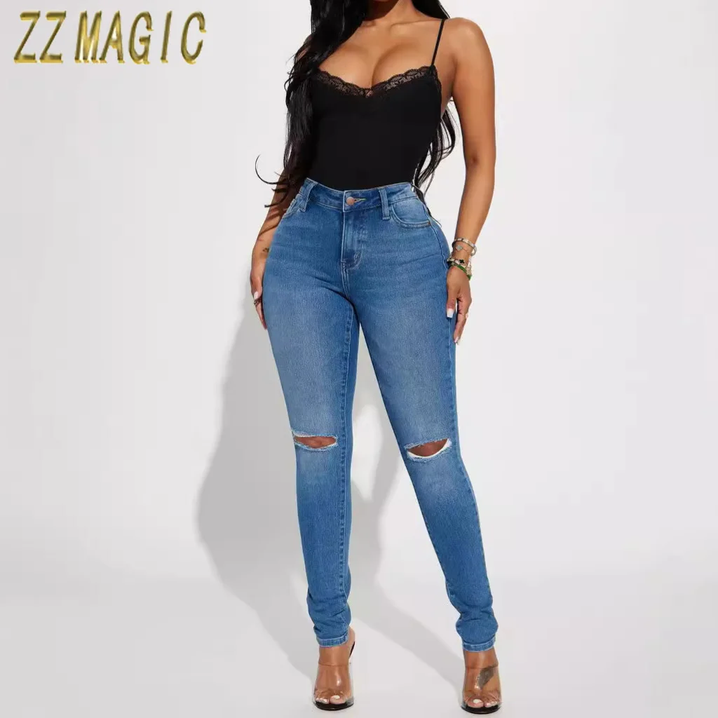 

Women Ripped Holes Jeans Washing Denim Pockets Sexy Sheath High Waist Slim Fit Zipper Fly Ankle Length Basics Pencil Pants 2024