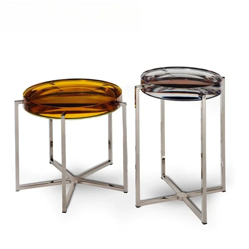 오리지널 아트 금속 공예 투명한 가장자리 작은 아파트 거실 티 테이블 발코니 컬러드 크리스탈 아크릴 사이드 테이블