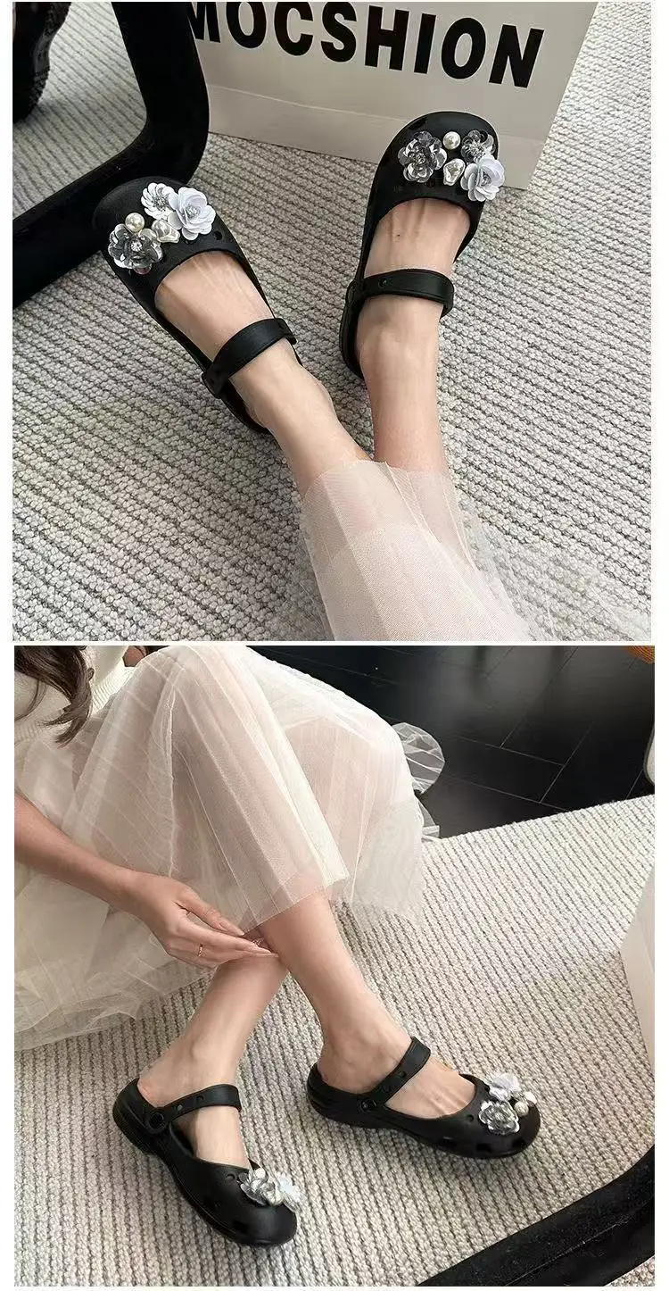 2026 Neue Sommer-Pantoffeln für Damen, Luxuriöse Perlen-Metall-Blumen-Designer-Ballettschuhe, Damensandalen für drinnen und draußen – Detail 14
